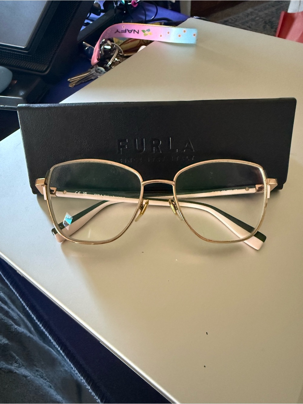Furla Gold Metal Frame Glasses with Pink Temples